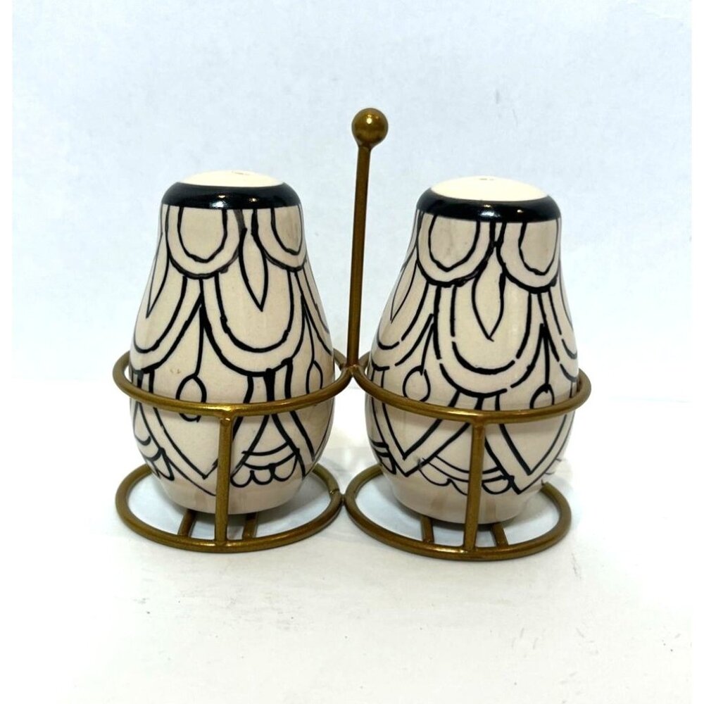 Handcrafted Ceramic Salt & Pepper Shakers W/ Iron Holder Black / White Pattern